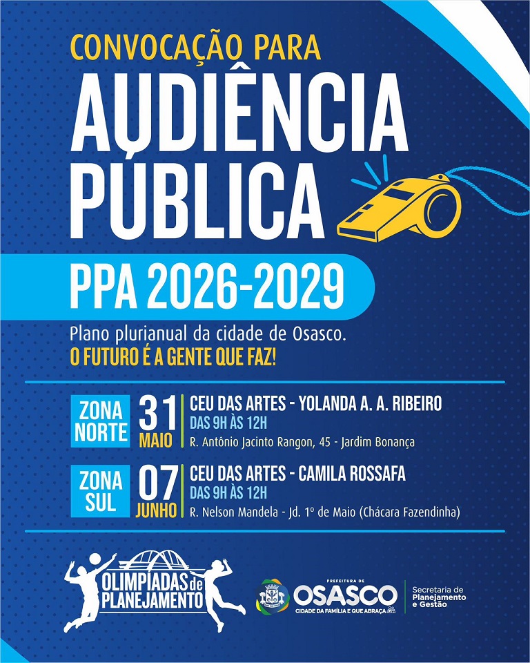 Notícia sobre a convocação da Audiência Pública PPA 2026-2029 no dia 31 de maio e 7 de junho