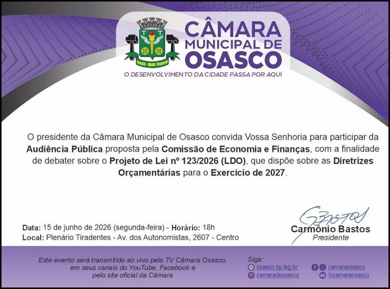 Convite para a Audiência Pública Lei de Diretrizes Orçamentárias 2027 - Câmara Municipal